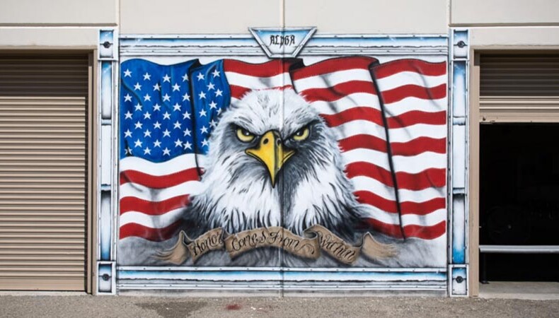 Mural of American flag and bald eagle