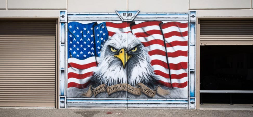 Mural of American flag and bald eagle