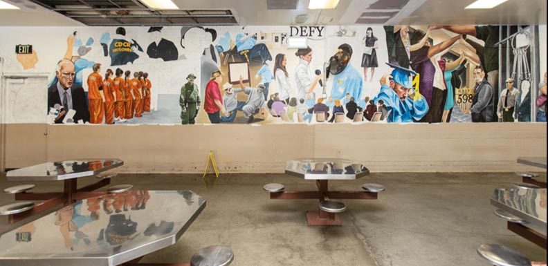 Painted mural of various people and groups inside cafeteria