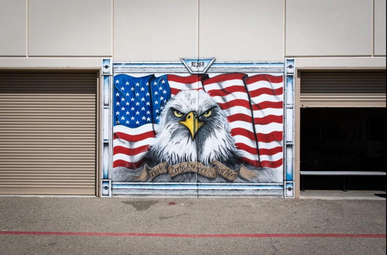 Mural of American flag with bald eagle