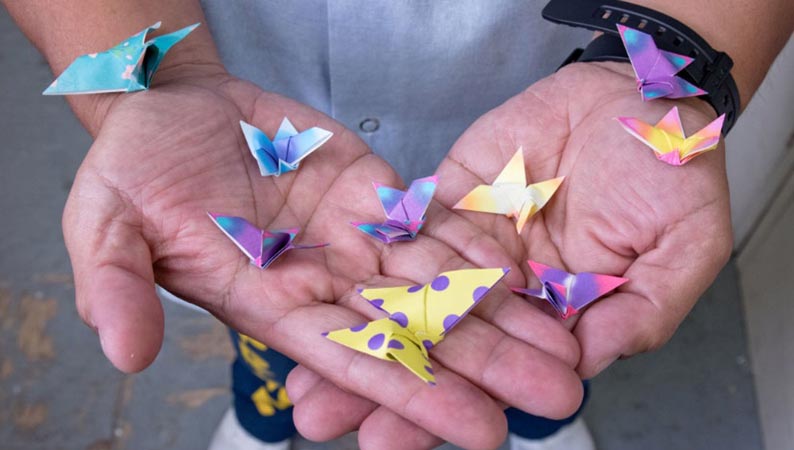 Incarcerated man's hands holding a variety of colorful origami cranes