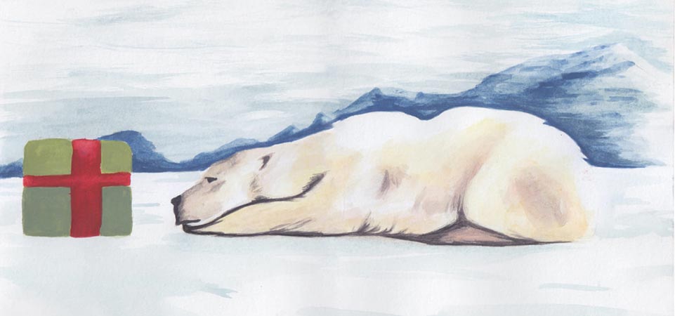 Drawing of polar bear laying down next to wrapped gift