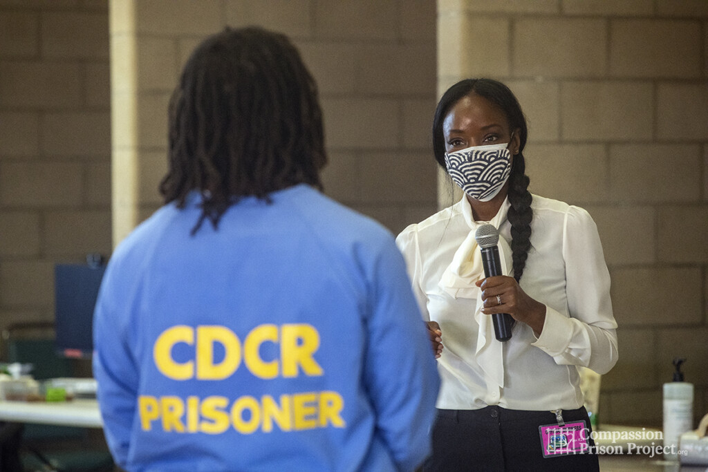 Nadine Burke Harris speaking to a man living in prison